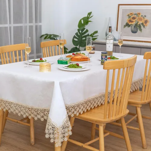 Miniatura 12 de Camino de mesa rectangular de granja de encaje beige premium, impermeable, a prueba de aceite, a prueba de derrames, antiencogimiento, suave