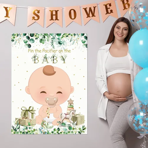 Miniatura 6 de Faccito Juego pon el chupón del baby shower Decoraciones para fiesta de baby shower Incluye póster grande 24 pegatinas de chupetes Juego con vendas