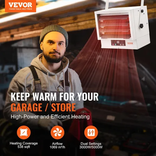 Miniatura 2 de VEVOR Calentador Eléctrico para Garaje de 5000W, Montaje Digital de Pared/Techo con Ventilador Forzado y Control Remoto, Temporizador de 9 Horas