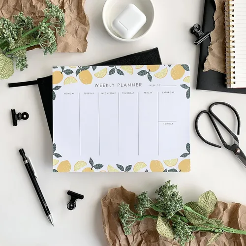 Miniatura 2 de Bloc de notas de planificador semanal, 9 x 7 pulgadas, 52 hojas extraíbles, planificador de escritorio sin fecha, calendario y organizador para Limón