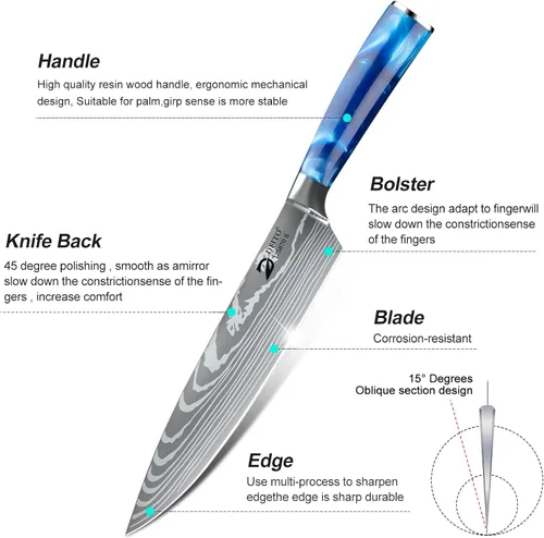 Miniatura 3 de Dfito Juego de cuchillos de chef con bolsa enrollable, juego de cuchillos profesionales de 9 piezas, juego de cuchillos de cocina de acero Azul