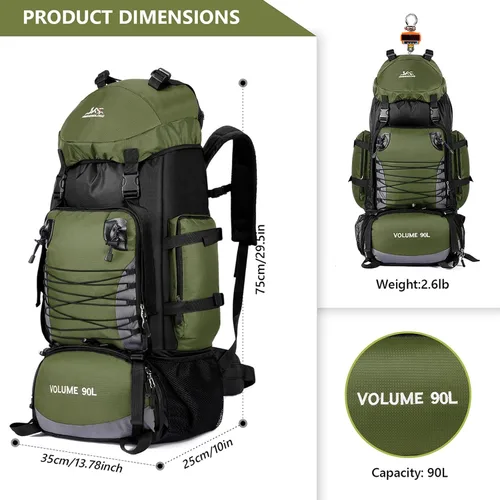 Miniatura 4 de Mochila de senderismo de 90L, bolsa de camping impermeable con cubierta de lluvia, mochila ligera para mochileros, sin marco