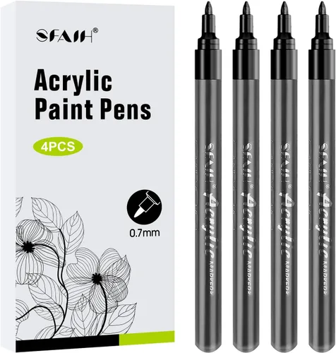SFAIH Rotuladores de pintura negra, paquete de 4 marcadores acrílicos de punta fina de 0.028 in para pintura Rock Rock, letras llamativas,