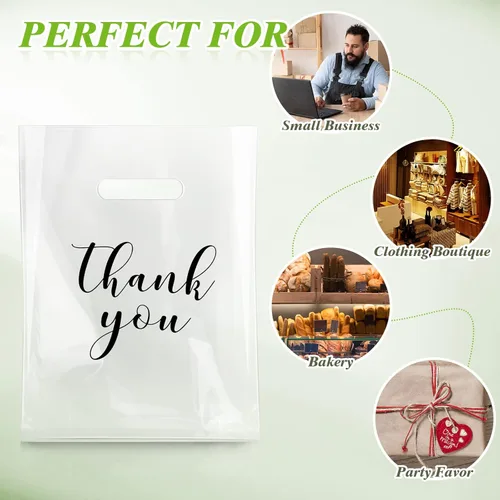 Miniatura 3 de Crtiin 100 piezas de bolsas de mercancía transparentes con texto "Thank You" y asas troqueladas para compras, bolsas de plástico para embalaje