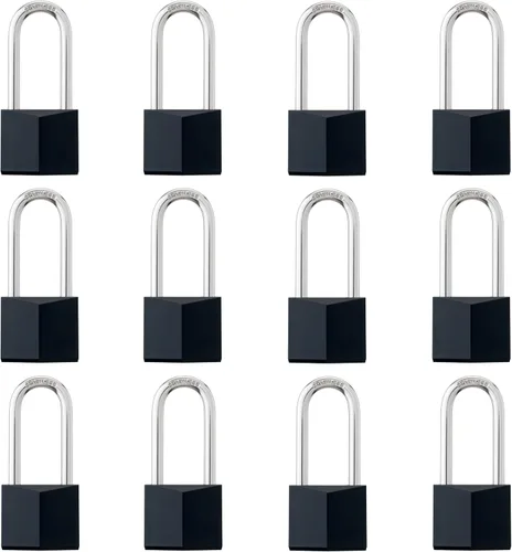 Paquete de 12 cerraduras con llave igual, candado de latón cubierto negro con grillete largo de acero inoxidable, cuerpo de bloqueo de 1-9/16