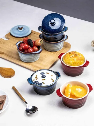 Miniatura 7 de Henten Home Ramequines de cerámica de 8 onzas con tapa, mini cocotte de porcelana con asa, juego de 4, cazuelas de esmalte reactivo para hornear