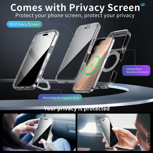 Miniatura 2 de Funda de privacidad para iPhone 17 Pro Max con soporte de 360° [protector de pantalla antiespía integrado] [anillo magnético] protección de cuerpo