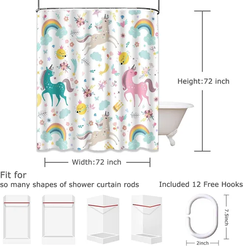 Miniatura 2 de Emvency Cortina de ducha para niños, diseño de unicornio azul arcoíris, rosa, flecha, hermosa tela de poliéster impermeable, 72 x 72 pulgadas, juego
