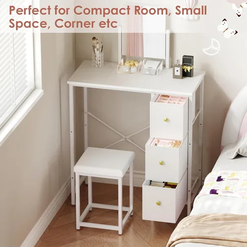 Miniatura 9 de Escritorio pequeño de 27.5 pulgadas con espejo y silla, juego de tocador de maquillaje compacto con silla, tocador pequeño con 3 cajones de tela