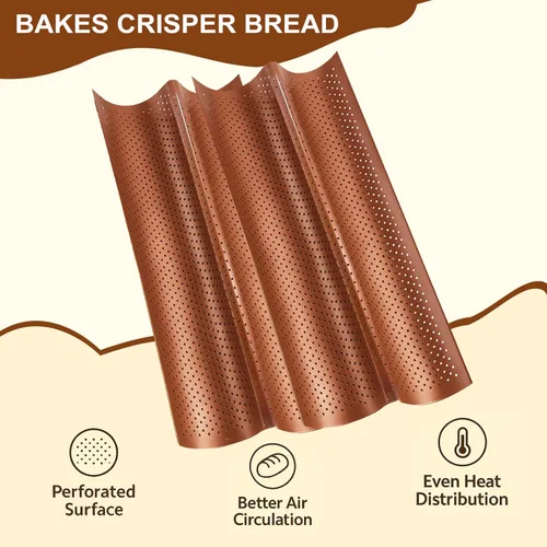 Miniatura 3 de Juego de 2 sartenes para baguette con paño de prueba, antiadherente de 2 ranuras para pan francés para baguette casero, bandeja de bronce vintage