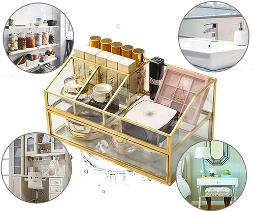 Miniatura 3 de YUEHUA Organizador de maquillaje de cristal, organizador de brochas de maquillaje transparente, caja de exhibición de joyas, esmalte de uñas dorado