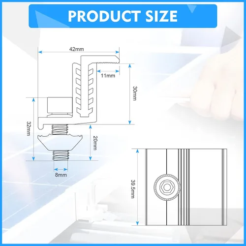 Miniatura 2 de Zhengmy Paquete de 20 abrazaderas de extremo de panel solar, soporte Z abrazaderas medias, abrazaderas de extremo de riel de aluminio, clips