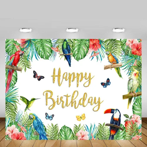 Miniatura 5 de MEHOFOND Telón de fondo de cumpleaños de pájaro tropical, tucán de verano, hojas de palma, purpurina dorada, pancarta de feliz cumpleaños, fondo