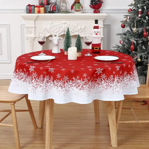 Miniatura 4 de CAROMIO Mantel redondo de Navidad de 60 pulgadas, mantel de Navidad con copos de nieve rojos, mantel decorativo de interior para exteriores