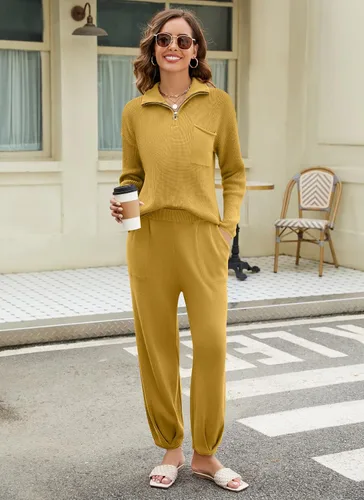 Miniatura 5 de softome Conjunto de 2 piezas para mujer, suéter de manga larga, con cremallera de 14, suéter de punto, pantalones casuales, conjunto de ropa