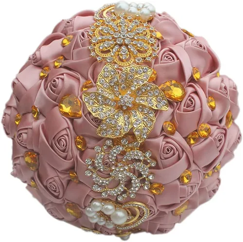 Miniatura 13 de Ramo de novia de 8 pulgadas con rosas de satén de 8 pulgadas con broches de cristal dorado hecho a medida, arreglo de centro de mesa, ramo azul real