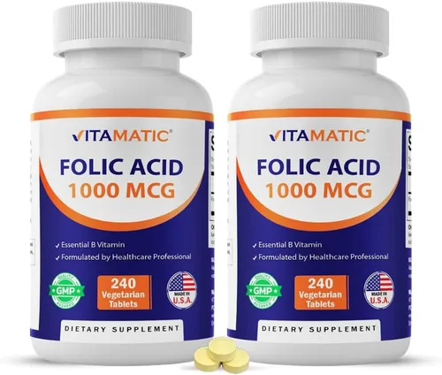 Vitamatic Ácido fólico 1000 mcg (1 mg) - 240 tabletas vegetarianas (paquete de 2) 1667 mcg DFE - Vitamina B9 para la salud prenatal, cardíaca y