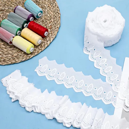 Miniatura 4 de Ribete de encaje de algodón de 15 yardas, cinta de encaje con ojales blancos, borde ondulado, bordados florales para coser vestidos, ropa, bolsas