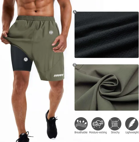 Miniatura 5 de Souke Sports Pantalones cortos de entrenamiento 2 en 1 para hombre, 7 pulgadas, secado rápido, pantalones cortos atléticos para gimnasio, bolsillos