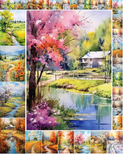 Miniatura 6 de Paquete de papel Decoupage (35 hojas de 6 x 8 pulgadas), hermosos paisajes serenos de cabañas y bosques en invierno, FLONZ - Tarjetas de ilustración