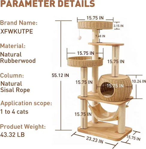 Miniatura 6 de Árbol de madera para gatos de 55 pulgadas para gatos de interior y adultos, torre alta para gatos con poste rascador y acogedora hamaca para gatos