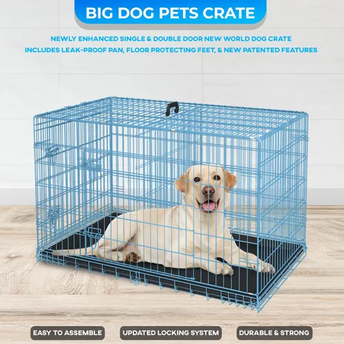 Miniatura 4 de FDW Jaula para perros grandes de 42 pulgadas plegable de metal con alambre para mascotas, doble puerta con panel divisor para interiores y Azul