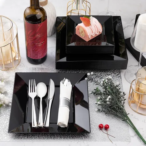Miniatura 5 de Goodluck 100 Pack de Platos Desechables Cuadrados Negros, Platos de Plástico Resistente: 50 Platos de Cena de 24.1 cm y 50 Platos de Postre de 16.5