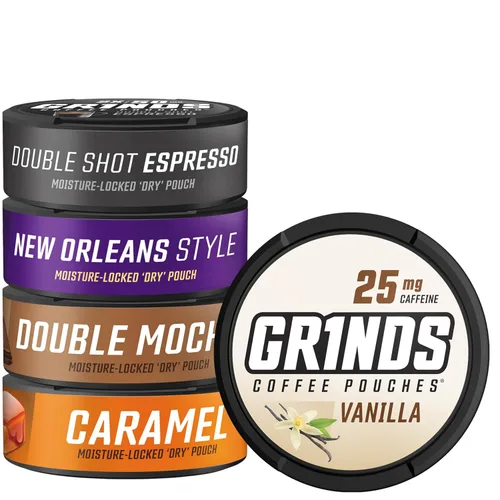 Bolsas de café Grinds | 5 latas de muestra | Espresso doble, vainilla, New Orleans, doble mocha, caramelo | cada bolsa equivale a 1/4 taza de café