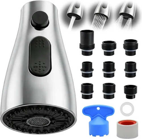 Miniatura 7 de Cabezal de repuesto para grifo de cocina, cabezal rociador desplegable de 3 funciones con 9 adaptadores, cabezal rociador de grifo de fregadero