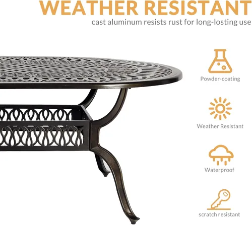 Miniatura 4 de Juego de comedor de patio de 9 piezas, mesa y sillas de patio al aire libre, mesa de comedor ovalada de aluminio fundido de 84 pulgadas con agujero