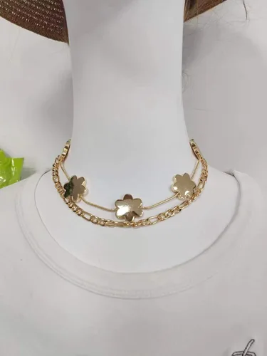 Miniatura 6 de Delicado collar chapado en oro en capas, cadena de serpiente, eslabones de perlas, clip de papel, cadena Figaro, flor de metal, colgante de sol