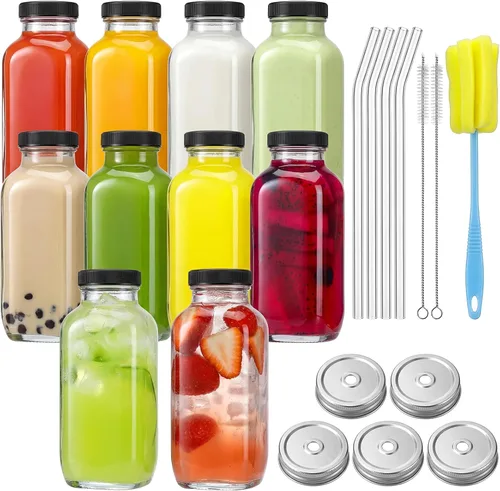 Miniatura 16 de CUCUMI 5 botellas de jugo de vidrio de 16 onzas con tapas, recipientes reutilizables para jugo, tarros de agua con cepillo, popotes de vidrio, tapas
