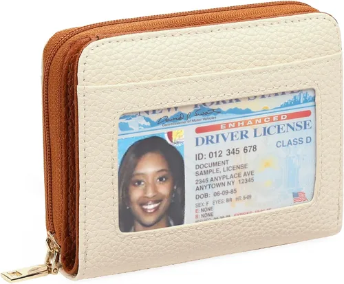 Miniatura 11 de GOIACII Cartera con tarjetero RFID para mujer, pequeña cartera de piel auténtica con 2 cremalleras