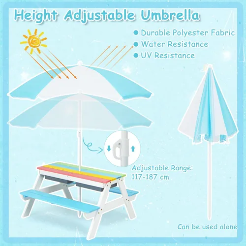 Miniatura 4 de Costzon Mesa de Picnic para Niños con Contenedores Sensoriales, Mesa de Arena y Agua 4 en 1 con Sombrilla de Altura Ajustable, Superficie de Mesa