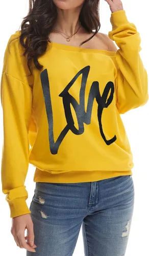 Miniatura 4 de Yanekop - Sudadera holgada de hombros descubiertos con la palabra love estampada, sin botones, para mujer