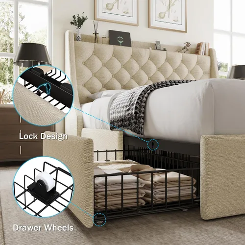 Miniatura 6 de GalnFu Marco de cama de tamaño completo con 4 cajones de almacenamiento, cabecera tapizada grande tipo wingback, estación de carga rápida,