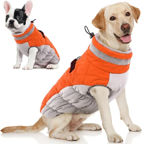 Miniatura 37 de AOFITEE Abrigo para perro, chaquetas cálidas para perros grandes, abrigo reflectante de cuello alto para perros con arnés integrado, impermeable