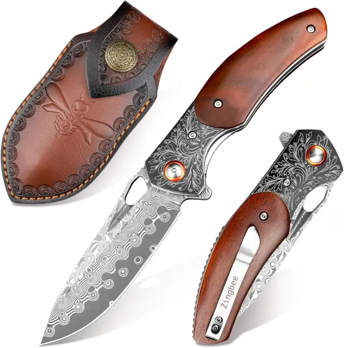 Miniatura 9 de Zingbee Navaja de bolsillo con rompecristales, navaja plegable de Damasco EDC con cortador de cinturones de seguridad, navaja multiusos de bolsillo