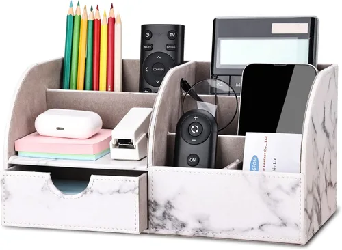 Miniatura 10 de Organizador de escritorio de polipiel con 7 compartimentos de almacenamiento para artículos de papelería, tarjetas de visita, lápices, bolígrafos
