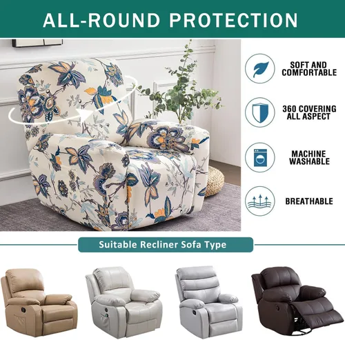 Miniatura 5 de NILUOH Funda para sillón reclinable, 4 piezas, elástica, estampada, con bolsillo lateral, funda para sofá reclinable, antideslizante, ajustable, 16