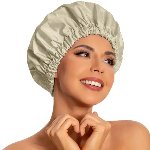Miniatura 18 de Gorro de ducha reutilizable para mujer, grande, impermeable, lavable, banda elástica, accesorios de baño, sombrero para cabello largo, trenzas Beige