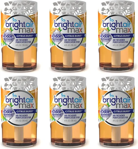 Bright Air Ambientador eliminador de olores máximo de 4 onzas, para espacios de tamaño mediano, aroma cítrico explosivo, caja de 6, dura hasta 60