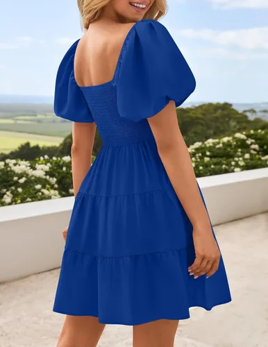 Miniatura 3 de ZESICA Mini vestido corto de verano bohemio 2025 con cuello cuadrado, manga abombada, hombros descubiertos, fruncido, escalonado, casual