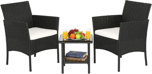 FDW Juego de 3 sillas de mimbre para exteriores, juego de 3 sillas de ratán para exteriores, juego de conversación con mesa auxiliar para patio,