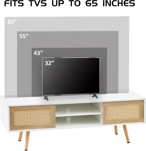 Miniatura 6 de Mesa auxiliar bohemia, mueble de TV moderno de 55 pulgadas, mesa de centro rectangular de madera con puerta corredera para almacenamiento, mesas