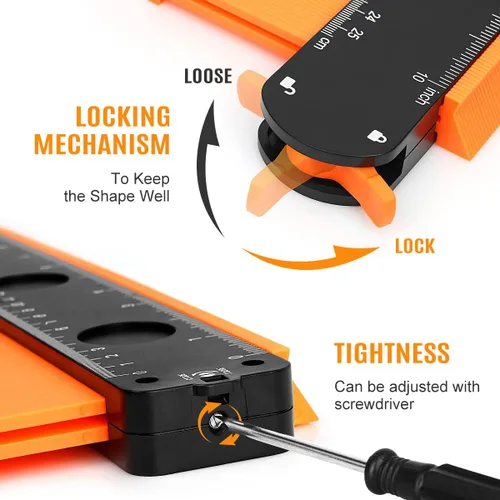Miniatura 3 de DODOWIN Medidor de contorno de 10 pulgadas con cerradura, herramienta duplicadora de perfiles para pisos, azulejos, molduras y carpintería, calibre