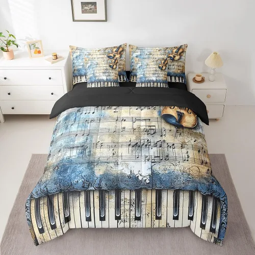 Miniatura 2 de Erosebridal Juego de edredón de 7 piezas con diseño de piano, cama Queen en una bolsa, juego de ropa de cama retro con notación musical de guitarra