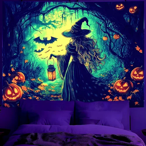 Miniatura 10 de BVBOX Tapiz de Halloween con luz negra, reactivo a los rayos UV que brilla en la oscuridad, póster de tapiz trippy con luz negra para sala de estar