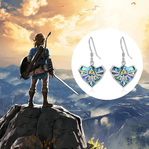 Miniatura 6 de YFN Zelda - Aretes colgantes de plata de ley con diseño de triforce Zelda, con temática de abulón, joyería Zelda para mujeres, hombres y niñas