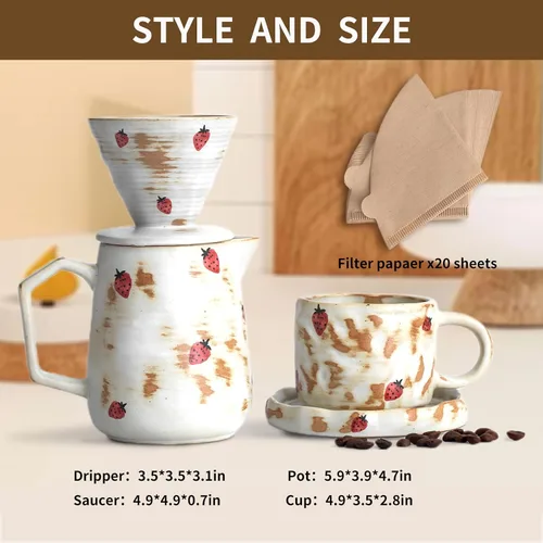 Miniatura 3 de Juego de cafetera hecha a mano con taza de café con patrón de fresa, 20 unidades, filtro de papel V60, cafetera de goteo de 20 onzas (fresa)
